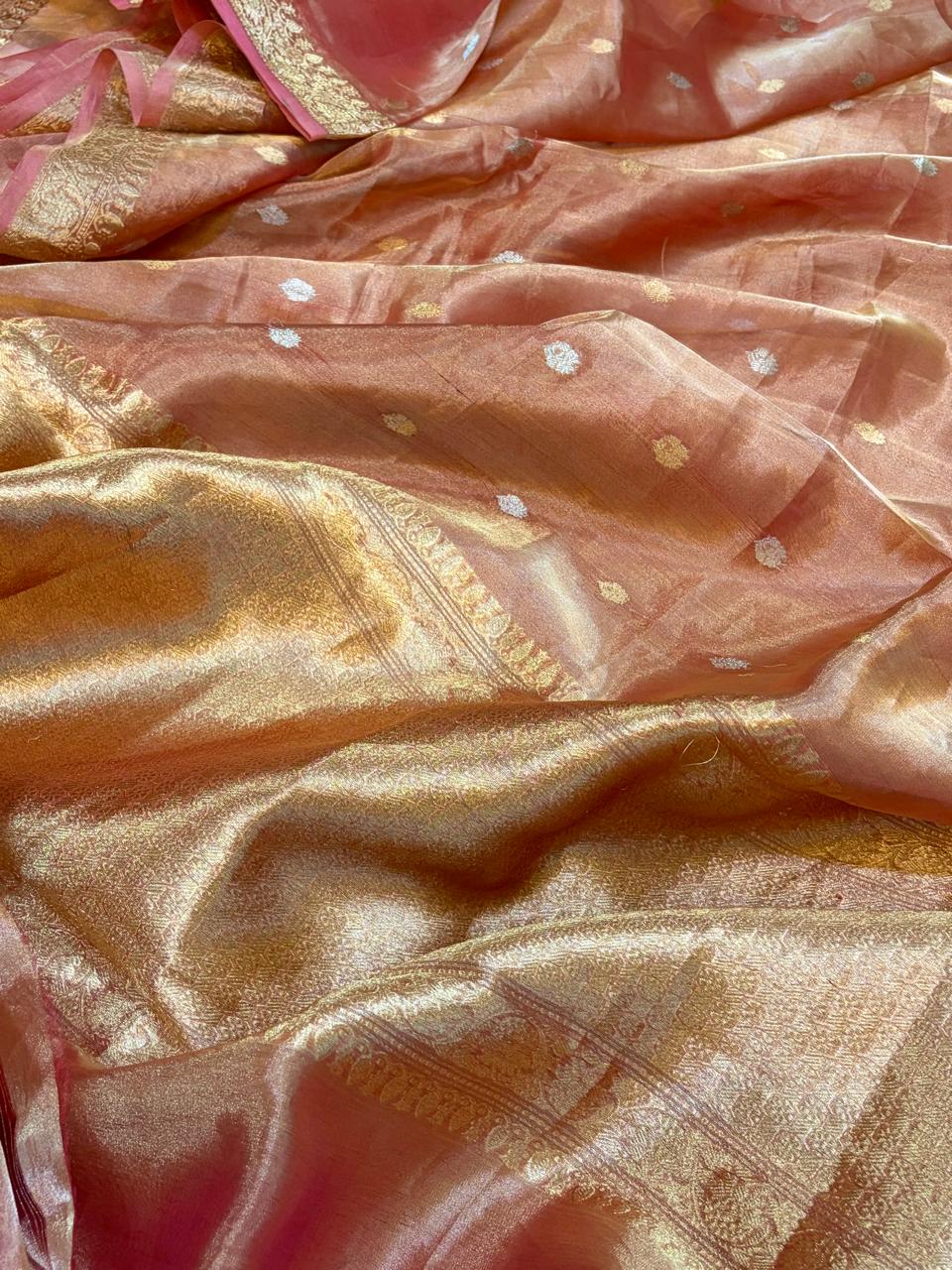 Banarasi Pure Peach Tissue Saree with Handwoven Kadwa Butti