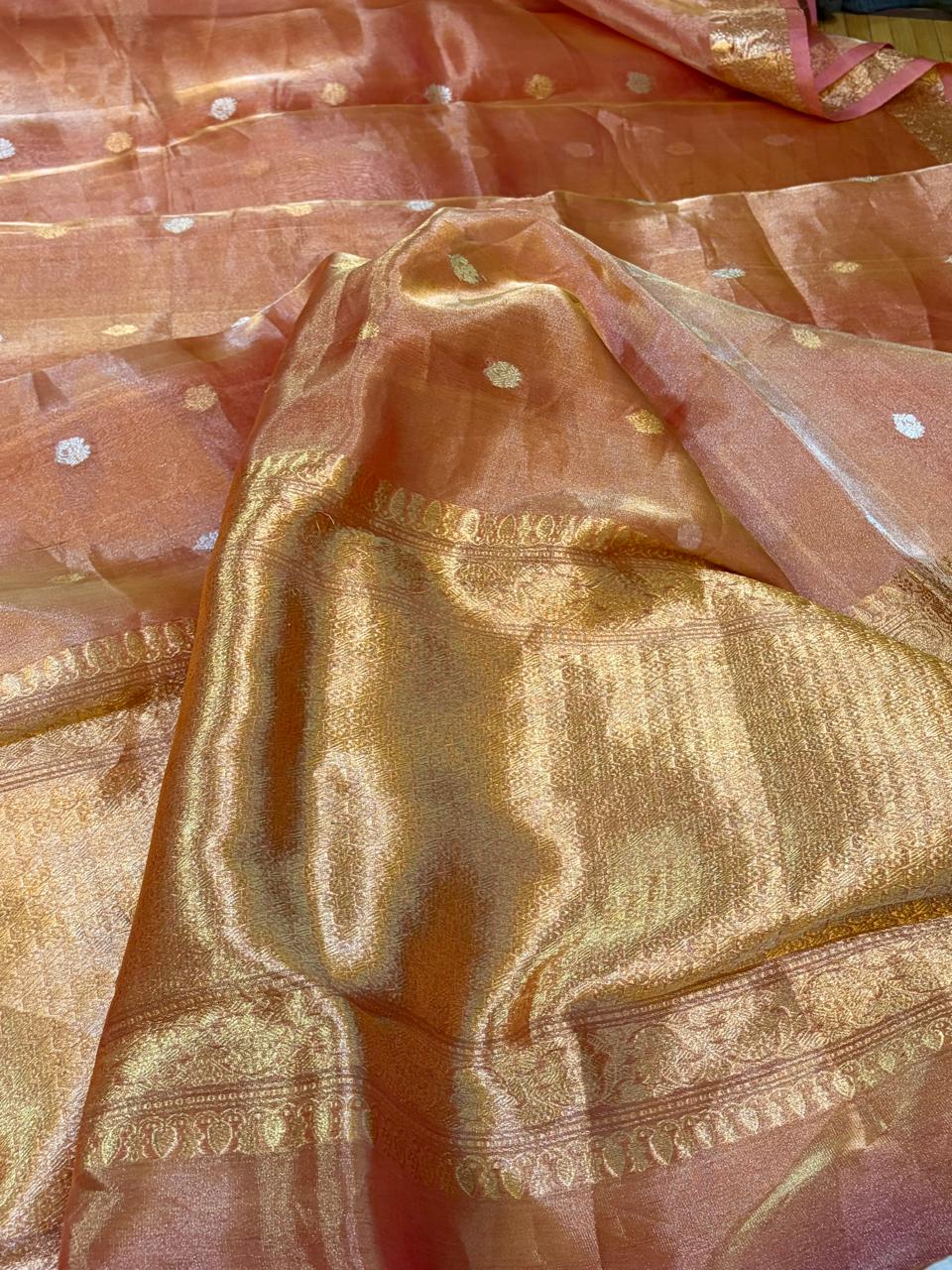 Banarasi Pure Peach Tissue Saree with Handwoven Kadwa Butti