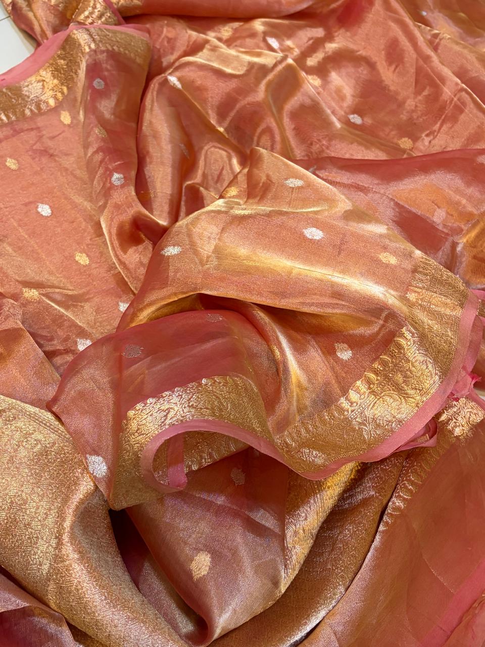 Banarasi Pure Peach Tissue Saree with Handwoven Kadwa Butti