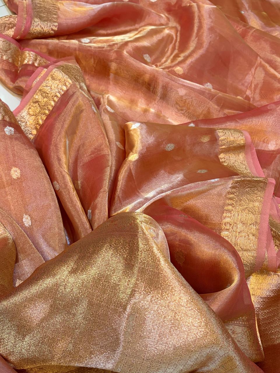 Banarasi Pure Peach Tissue Saree with Handwoven Kadwa Butti