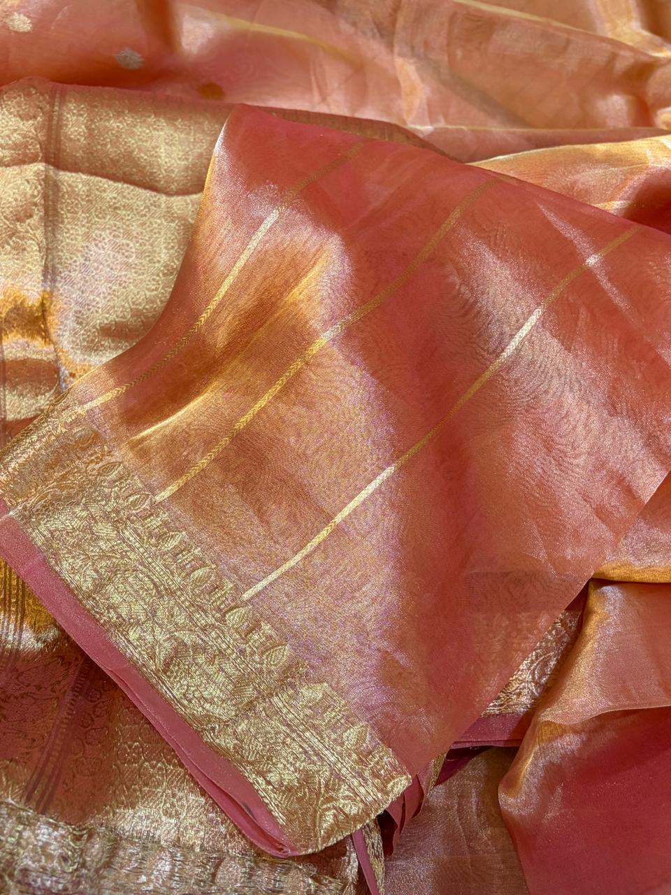 Banarasi Pure Peach Tissue Saree with Handwoven Kadwa Butti