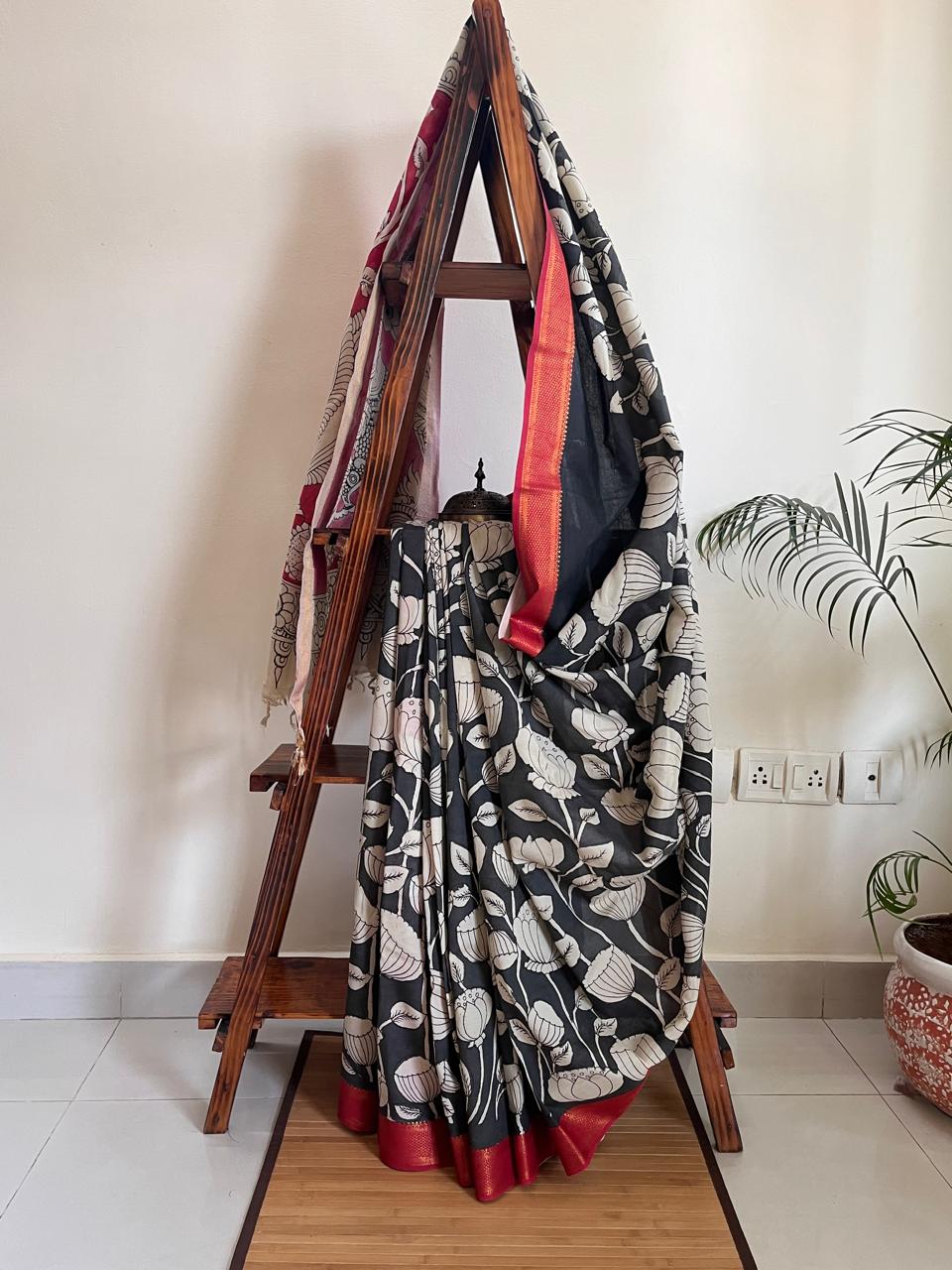 Bangalore Silk Hand Painted Kalamkari Saree with Resham Border - Black with Red