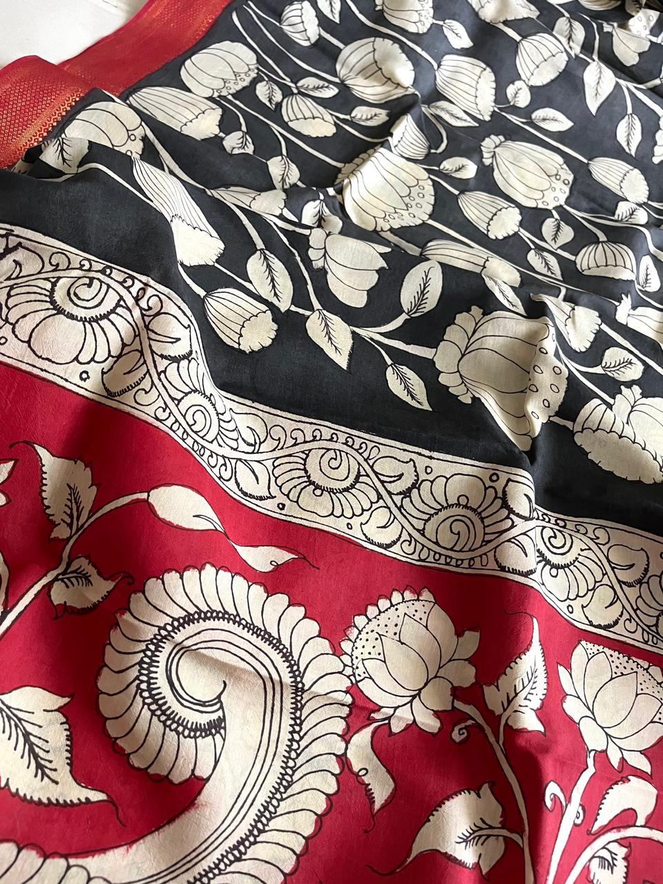 Bangalore Silk Hand Painted Kalamkari Saree with Resham Border - Black with Red