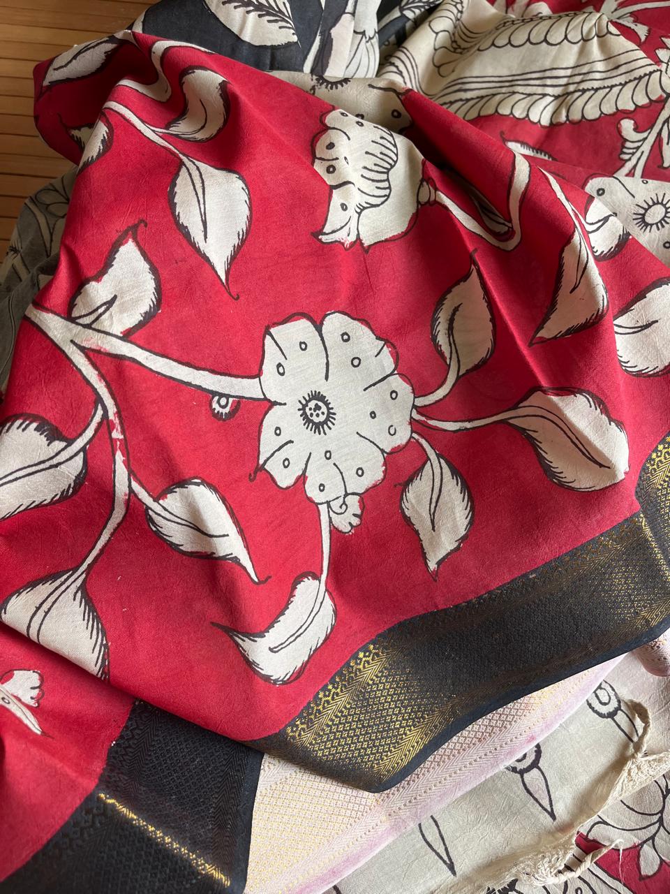 Bangalore Silk Hand Painted Kalamkari Saree with Resham Border - Black with Red