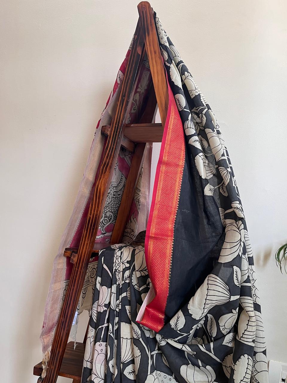 Bangalore Silk Hand Painted Kalamkari Saree with Resham Border - Black with Red