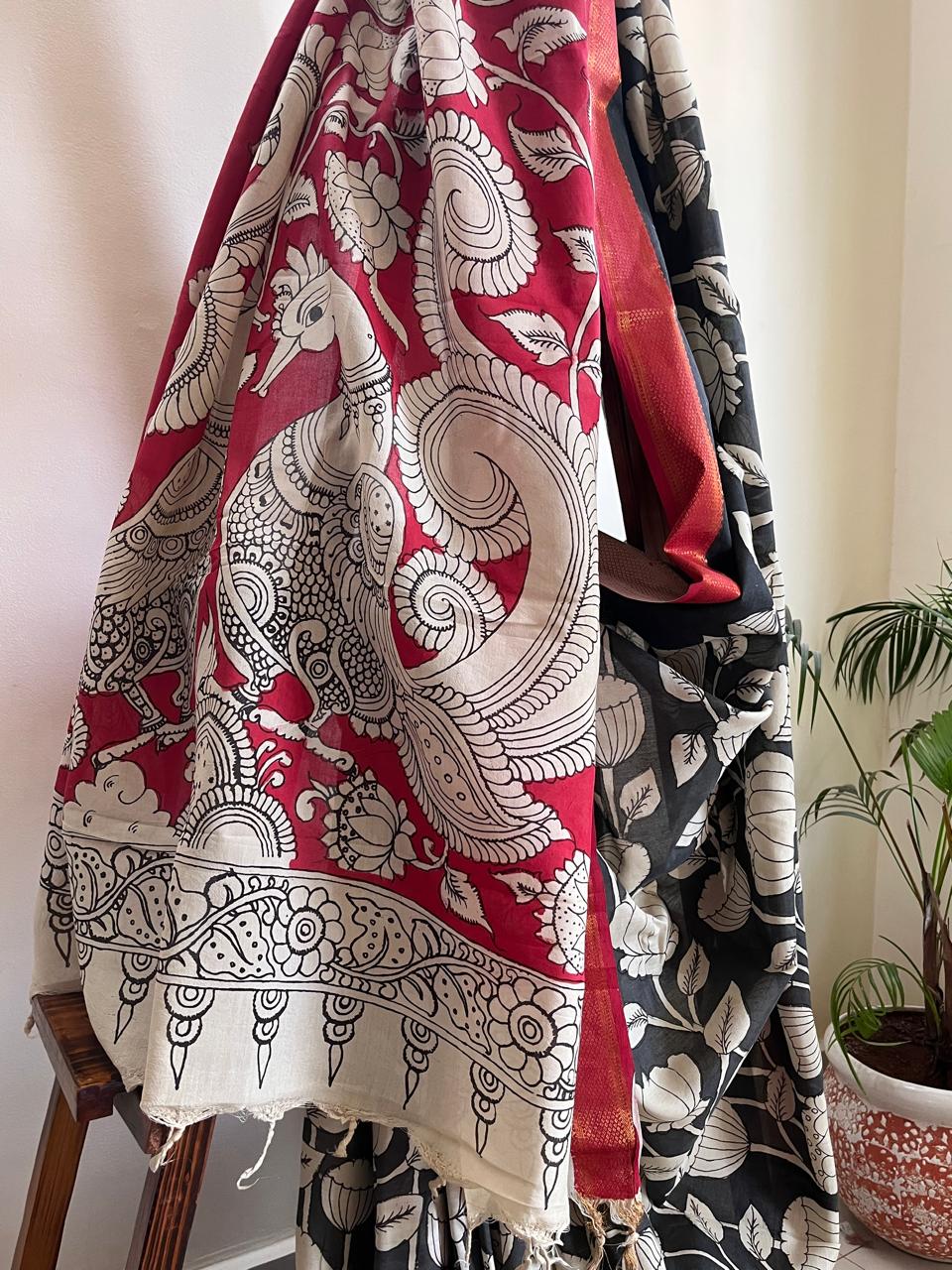 Bangalore Silk Hand Painted Kalamkari Saree with Resham Border - Black with Red