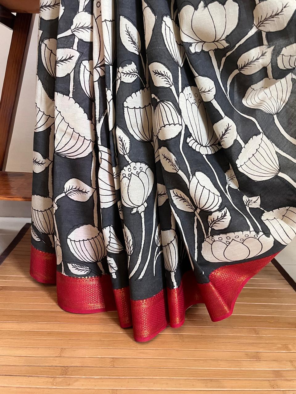 Bangalore Silk Hand Painted Kalamkari Saree with Resham Border - Black with Red