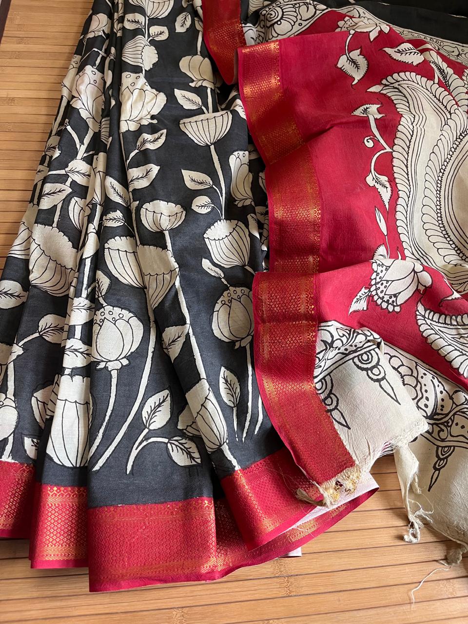 Bangalore Silk Hand Painted Kalamkari Saree with Resham Border - Black with Red
