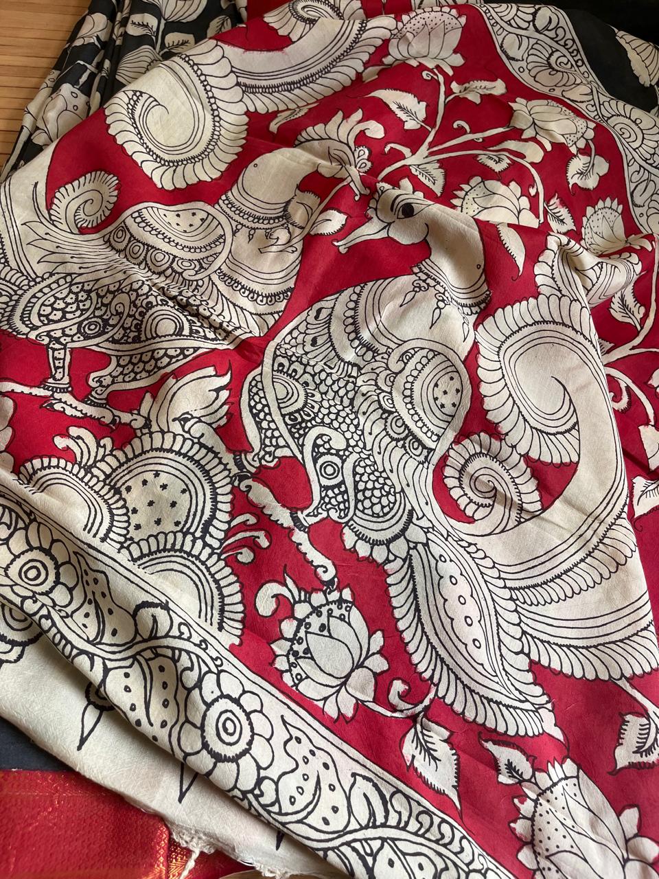 Bangalore Silk Hand Painted Kalamkari Saree with Resham Border - Black with Red