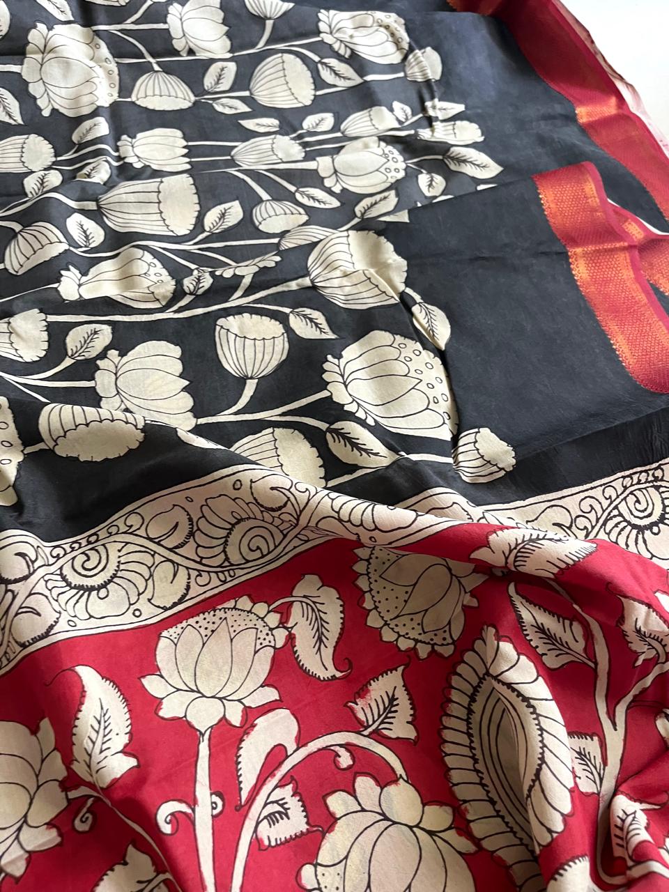 Bangalore Silk Hand Painted Kalamkari Saree with Resham Border - Black with Red