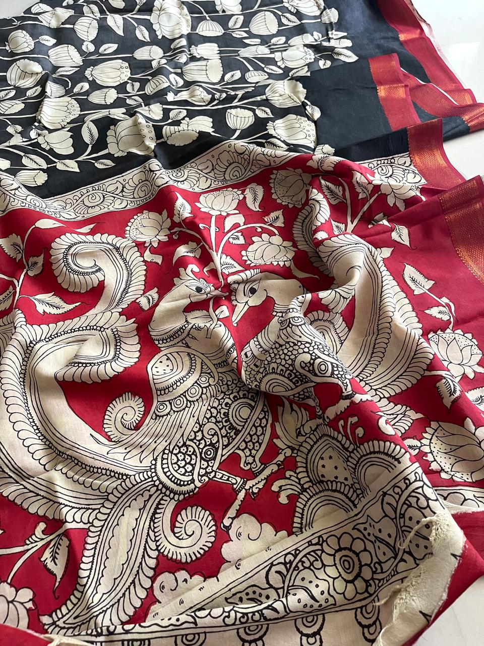 Bangalore Silk Hand Painted Kalamkari Saree with Resham Border - Black with Red