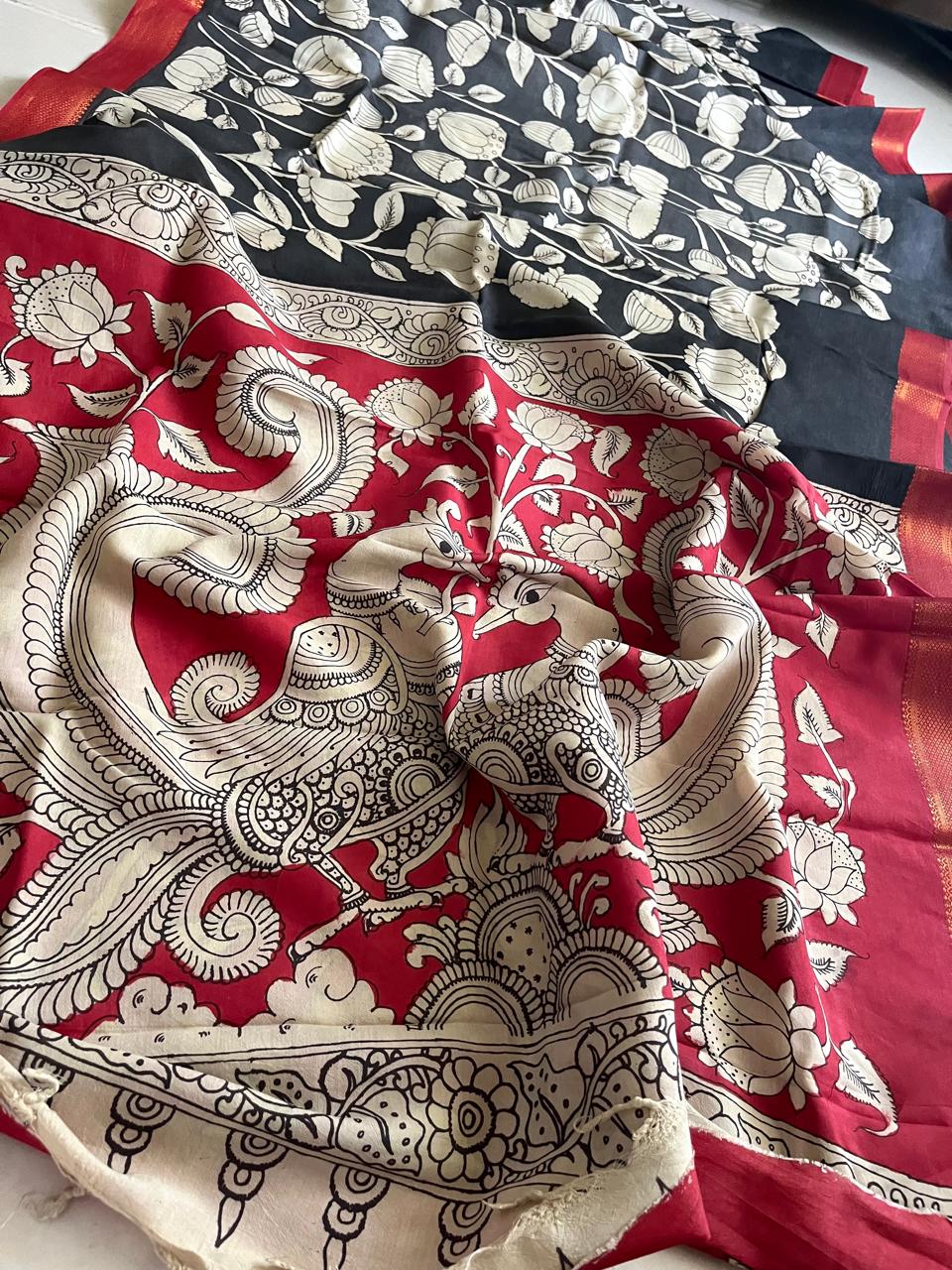 Bangalore Silk Hand Painted Kalamkari Saree with Resham Border - Black with Red