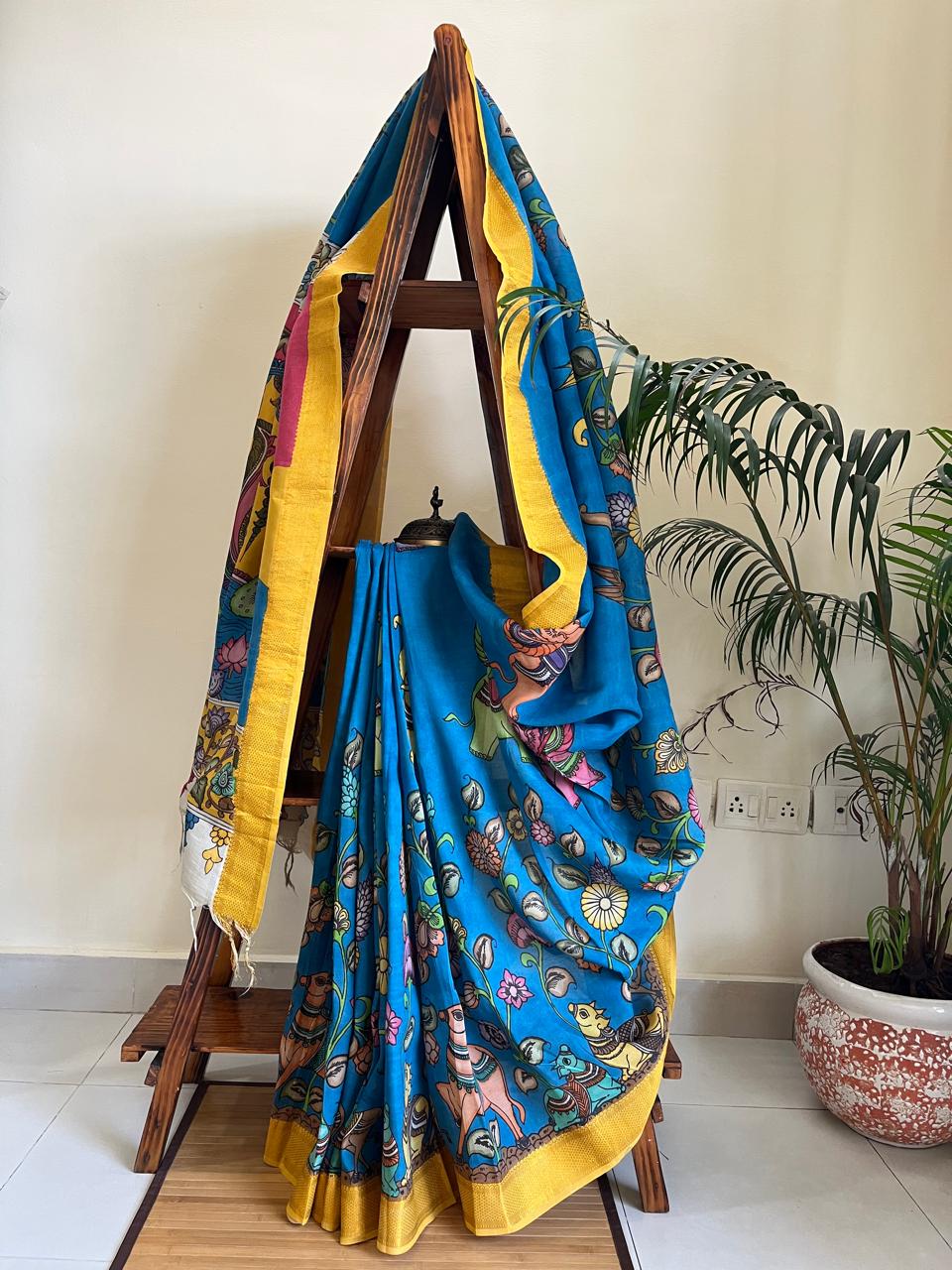Bangalore Silk Hand Painted Kalamkari Saree with Resham Border - Blue