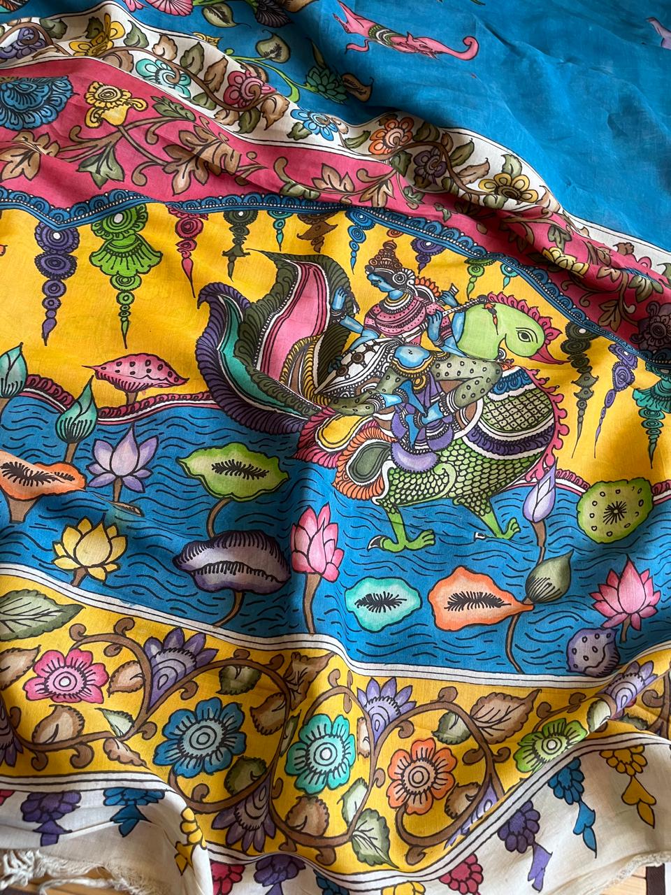 Bangalore Silk Hand Painted Kalamkari Saree with Resham Border - Blue