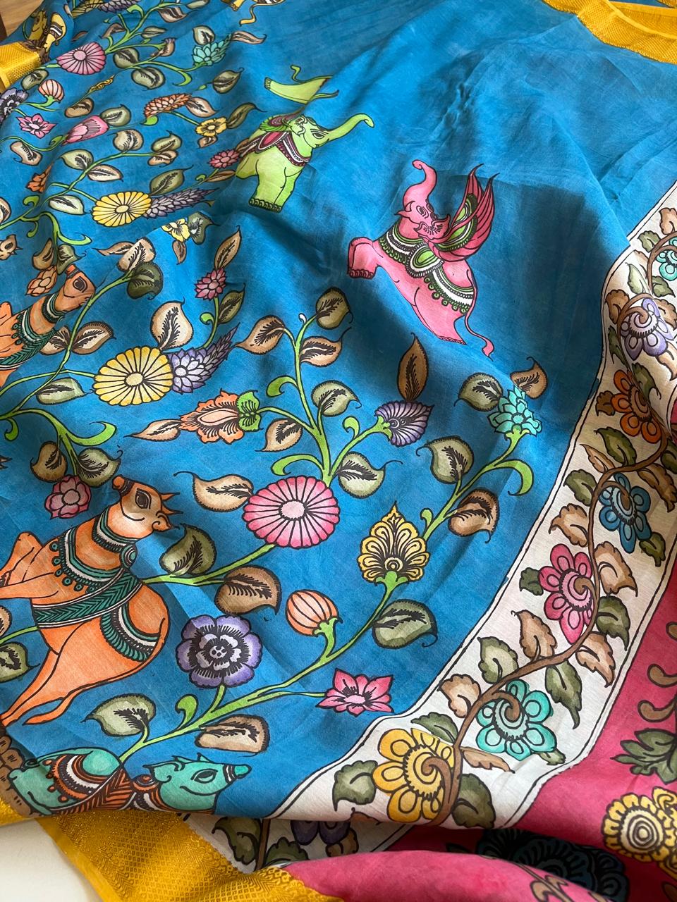 Bangalore Silk Hand Painted Kalamkari Saree with Resham Border - Blue