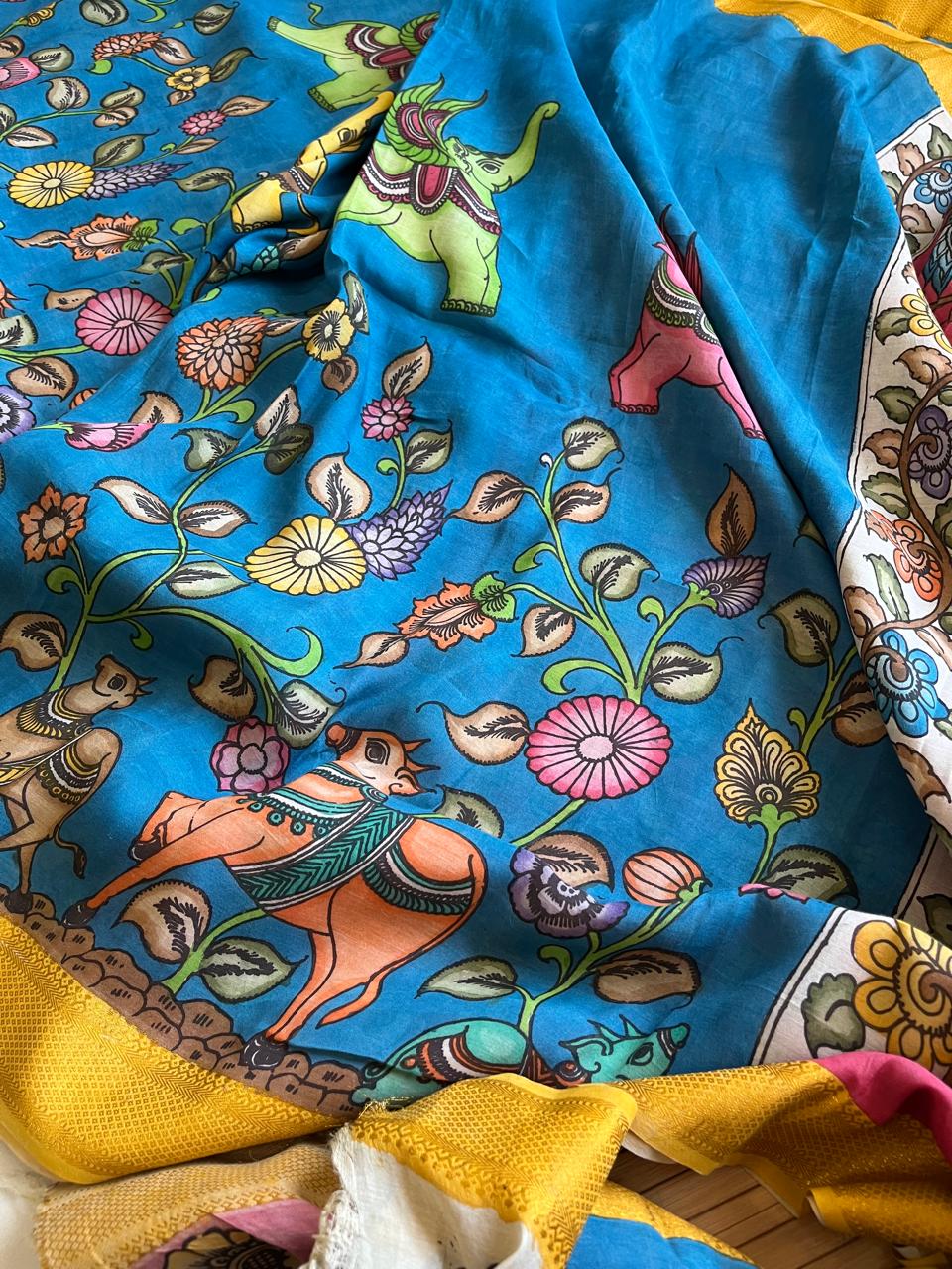 Bangalore Silk Hand Painted Kalamkari Saree with Resham Border - Blue