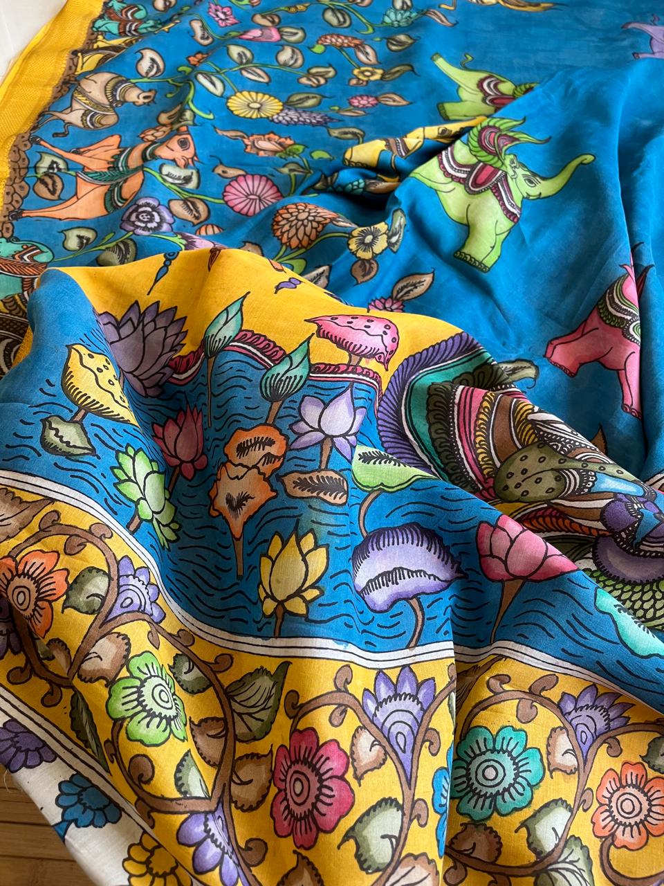 Bangalore Silk Hand Painted Kalamkari Saree with Resham Border - Blue