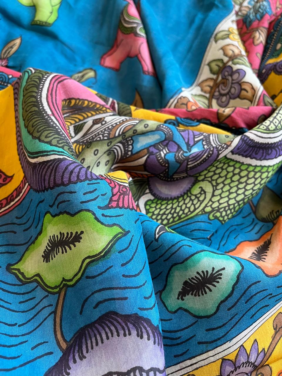 Bangalore Silk Hand Painted Kalamkari Saree with Resham Border - Blue