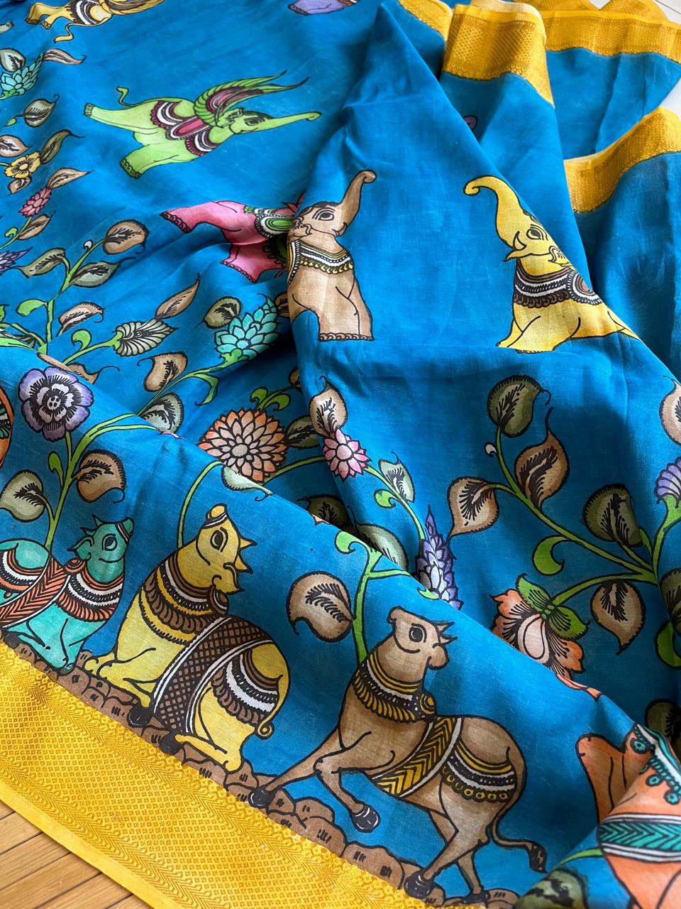 Bangalore Silk Hand Painted Kalamkari Saree with Resham Border - Blue