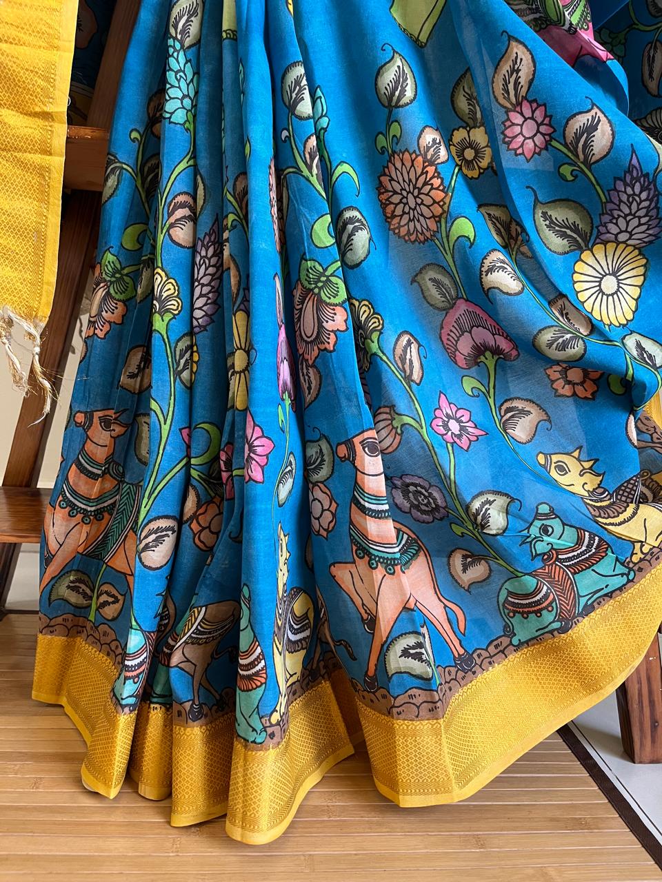 Bangalore Silk Hand Painted Kalamkari Saree with Resham Border - Blue