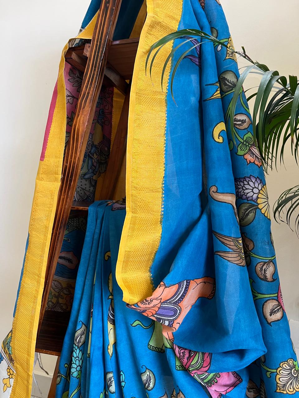 Bangalore Silk Hand Painted Kalamkari Saree with Resham Border - Blue