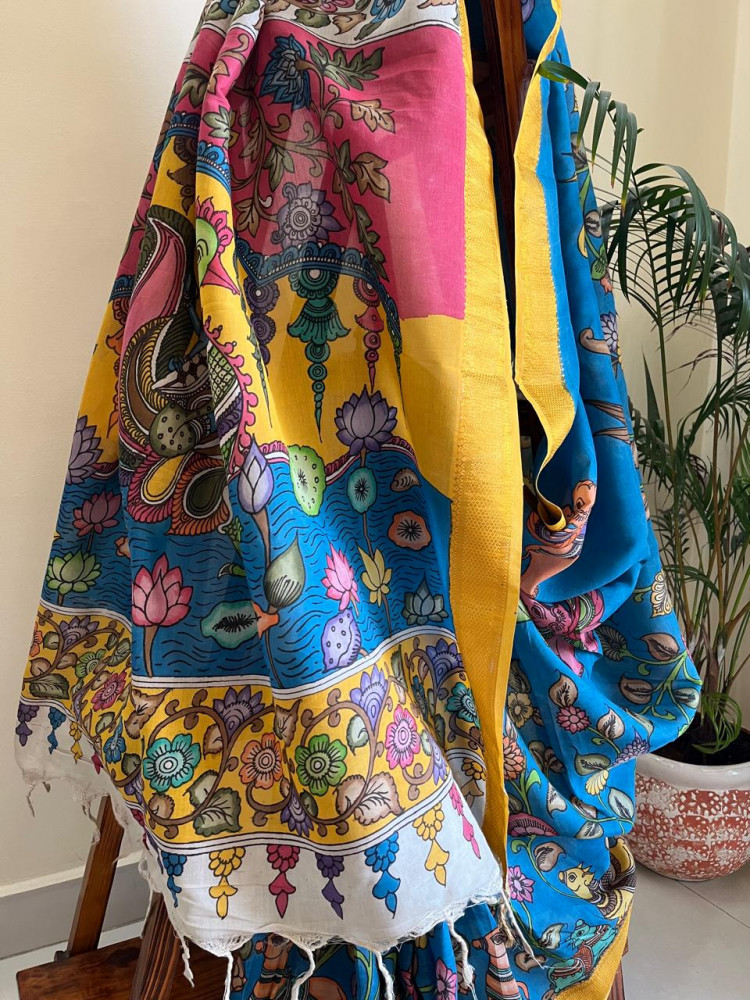 Image of Bangalore Silk Hand Painted Kalamkari Saree with Resham Border - Blue