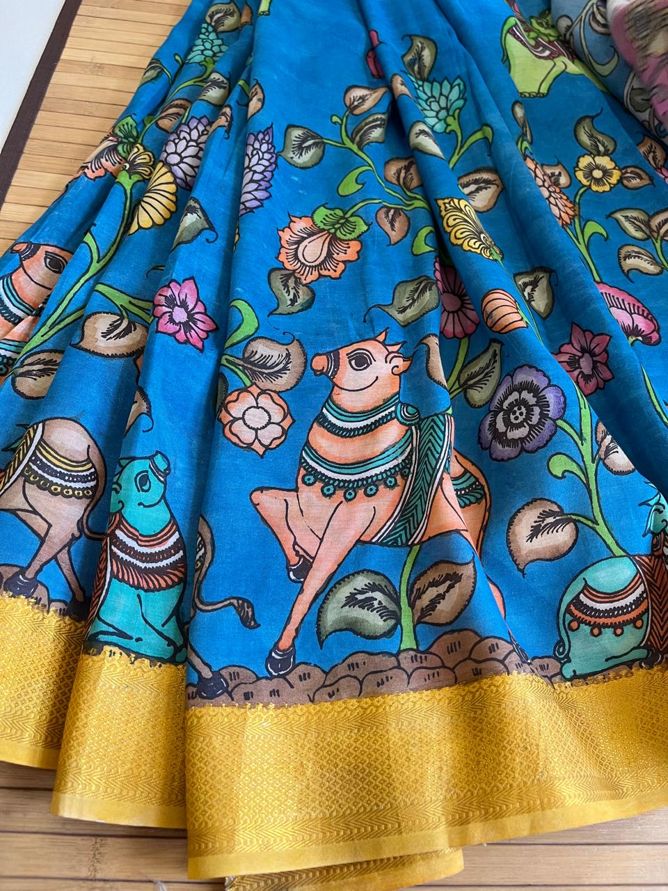 Bangalore Silk Hand Painted Kalamkari Saree with Resham Border - Blue