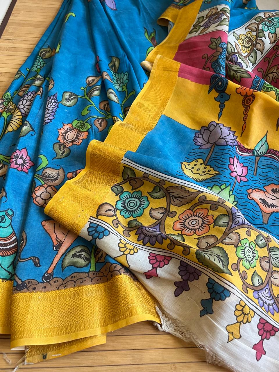 Bangalore Silk Hand Painted Kalamkari Saree with Resham Border - Blue