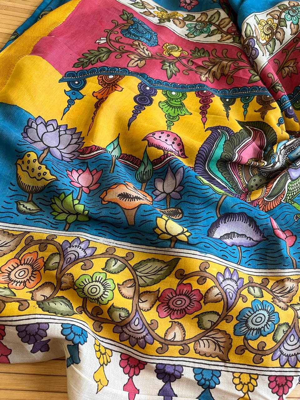 Bangalore Silk Hand Painted Kalamkari Saree with Resham Border - Blue