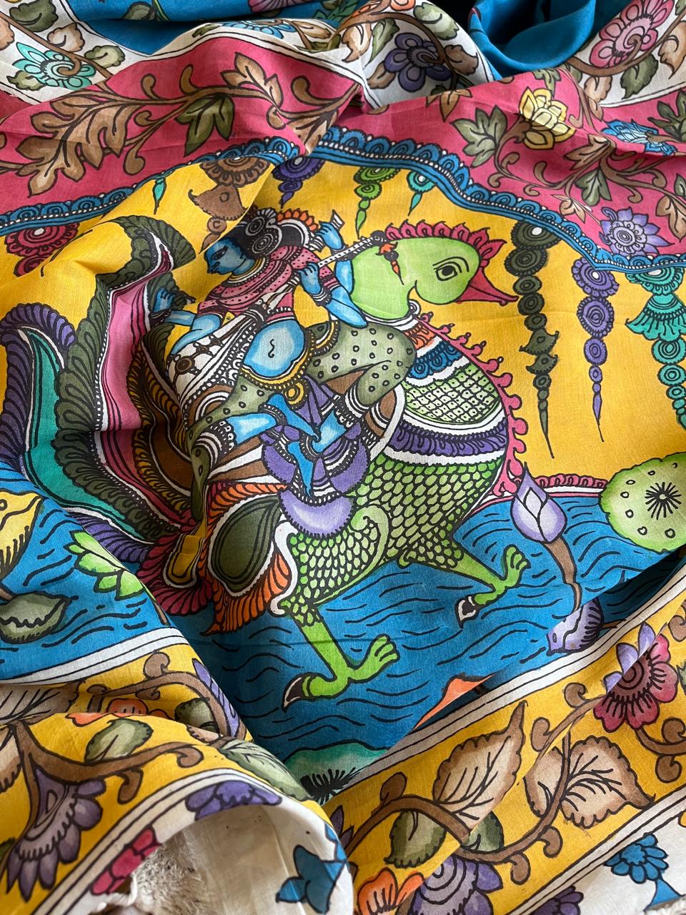 Bangalore Silk Hand Painted Kalamkari Saree with Resham Border - Blue