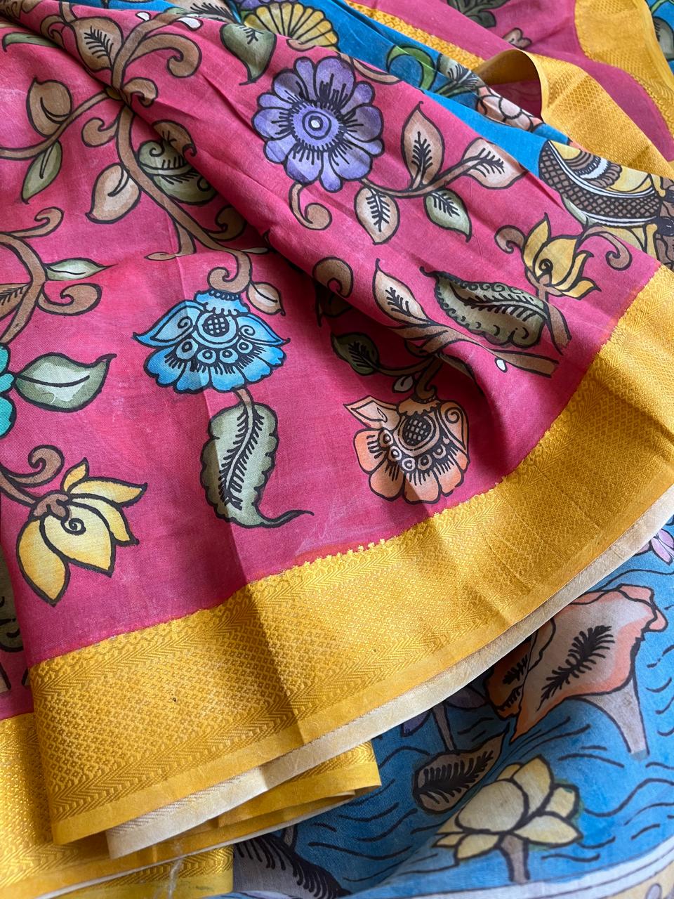 Bangalore Silk Hand Painted Kalamkari Saree with Resham Border - Blue