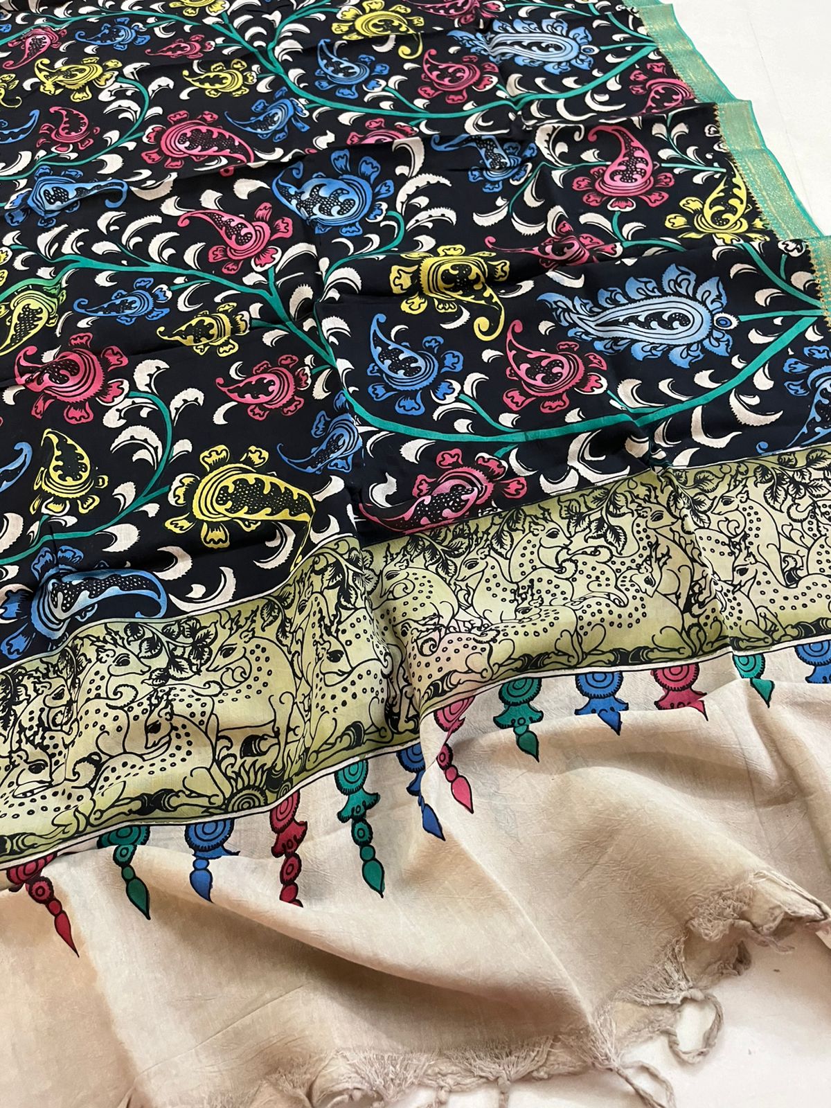 Bangalore Silk Kalamkari Handpainted Dupatta- Multicolor