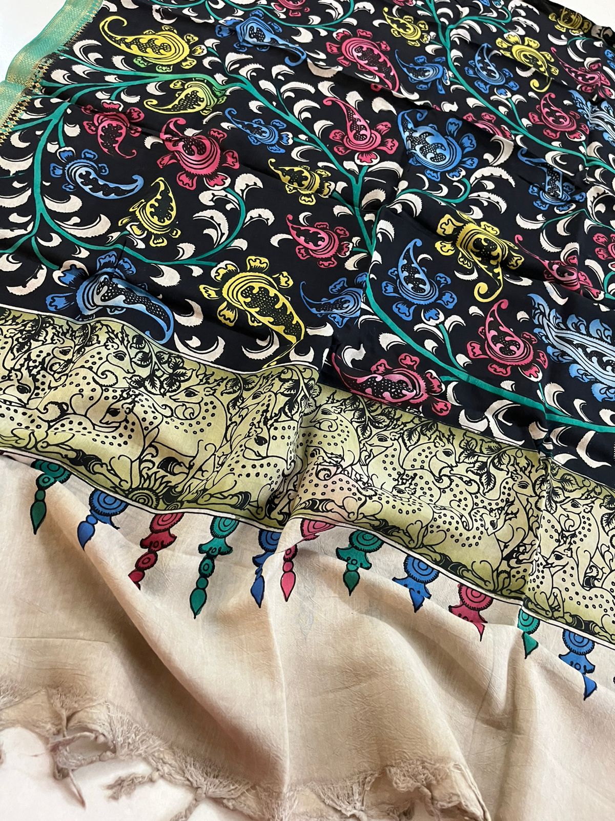 Bangalore Silk Kalamkari Handpainted Dupatta- Multicolor
