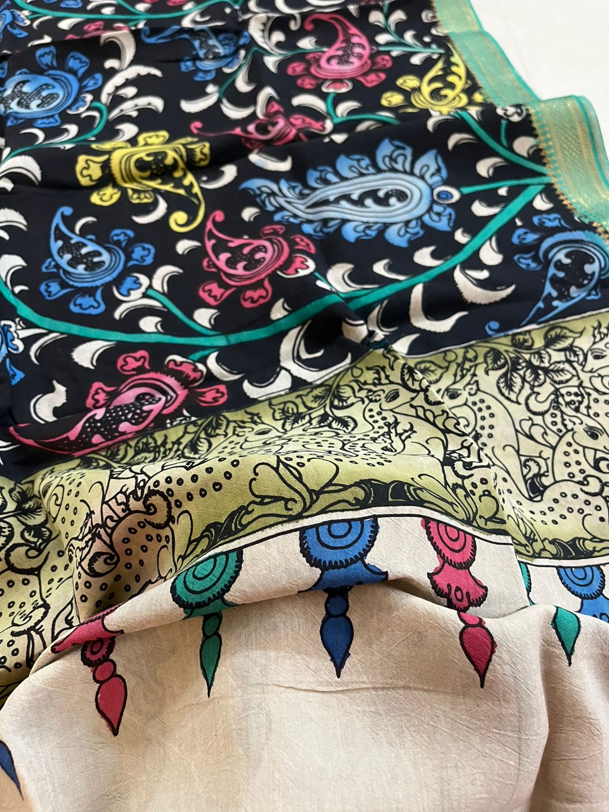 Bangalore Silk Kalamkari Handpainted Dupatta- Multicolor