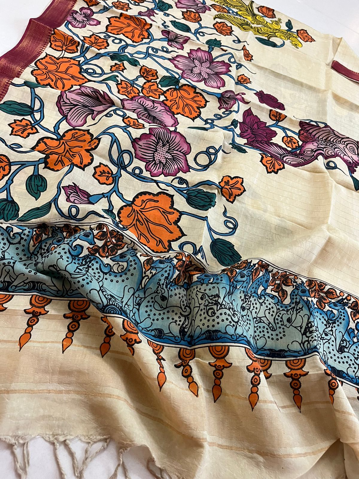 Bangalore Silk Kalamkari Handpainted Dupatta- Multicolor