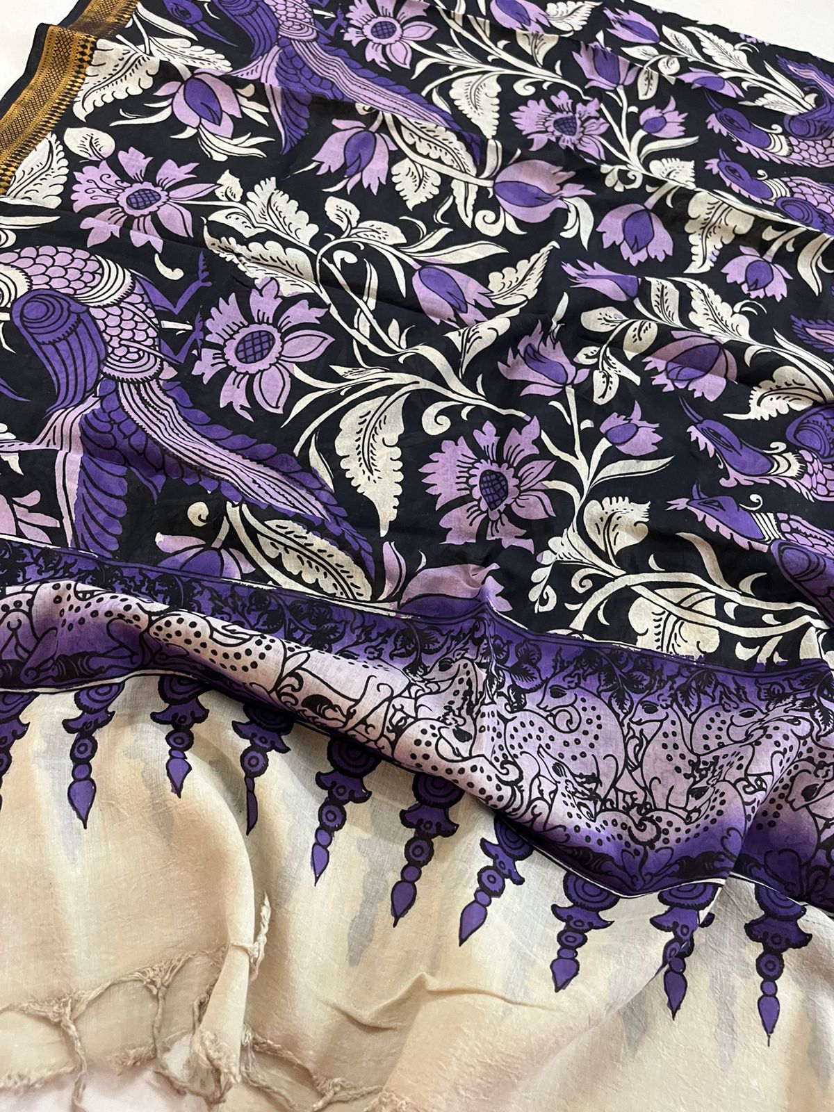 Bangalore Silk Kalamkari Handpainted Dupatta- Multicolor