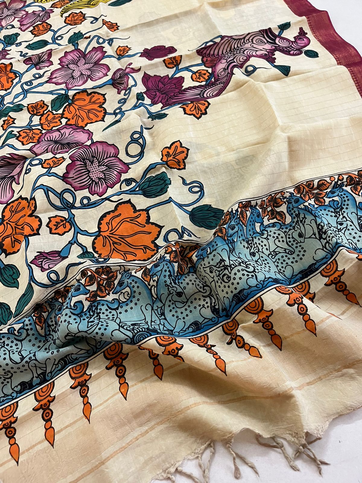 Bangalore Silk Kalamkari Handpainted Dupatta- Multicolor