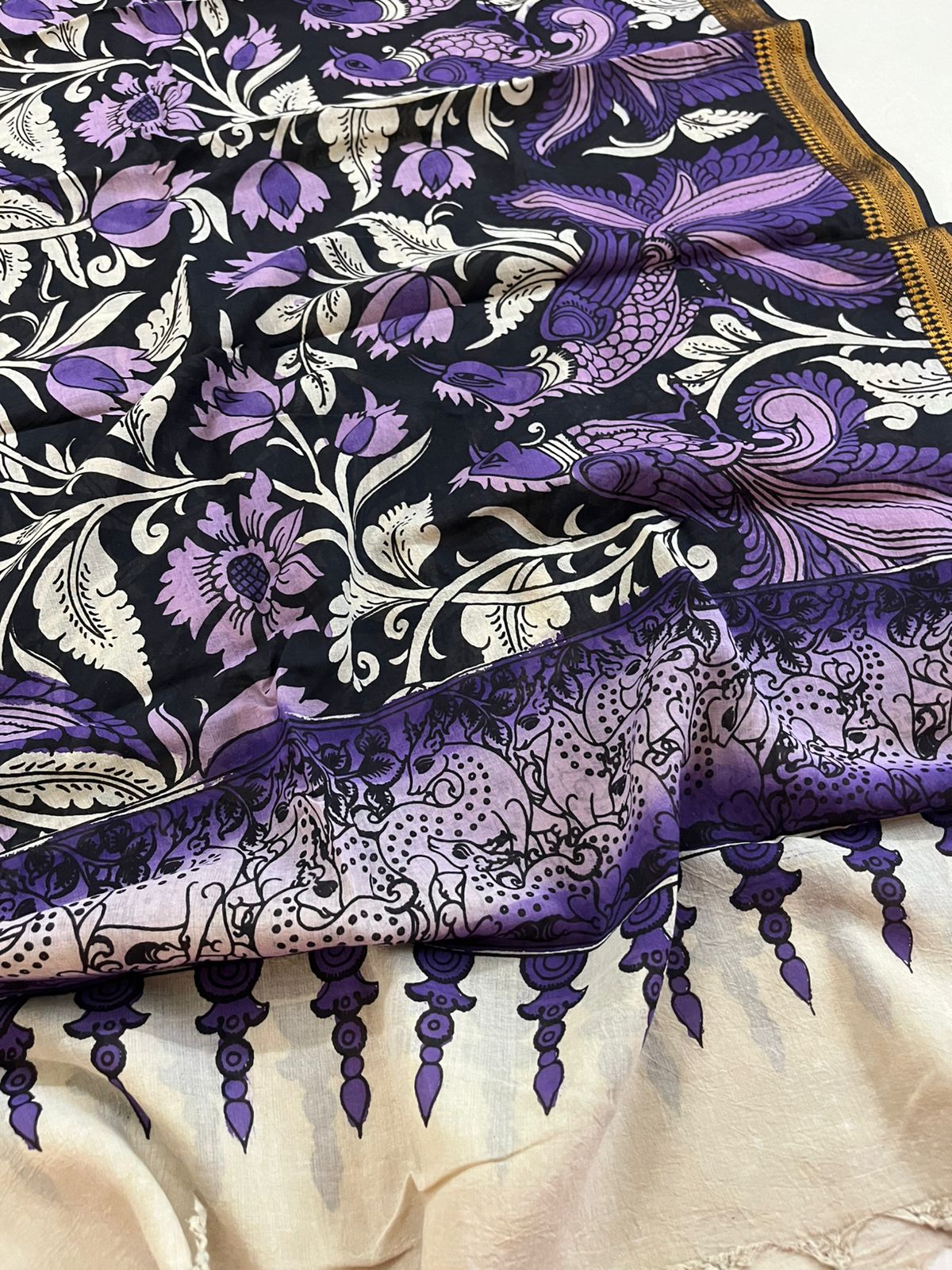 Bangalore Silk Kalamkari Handpainted Dupatta- Multicolor