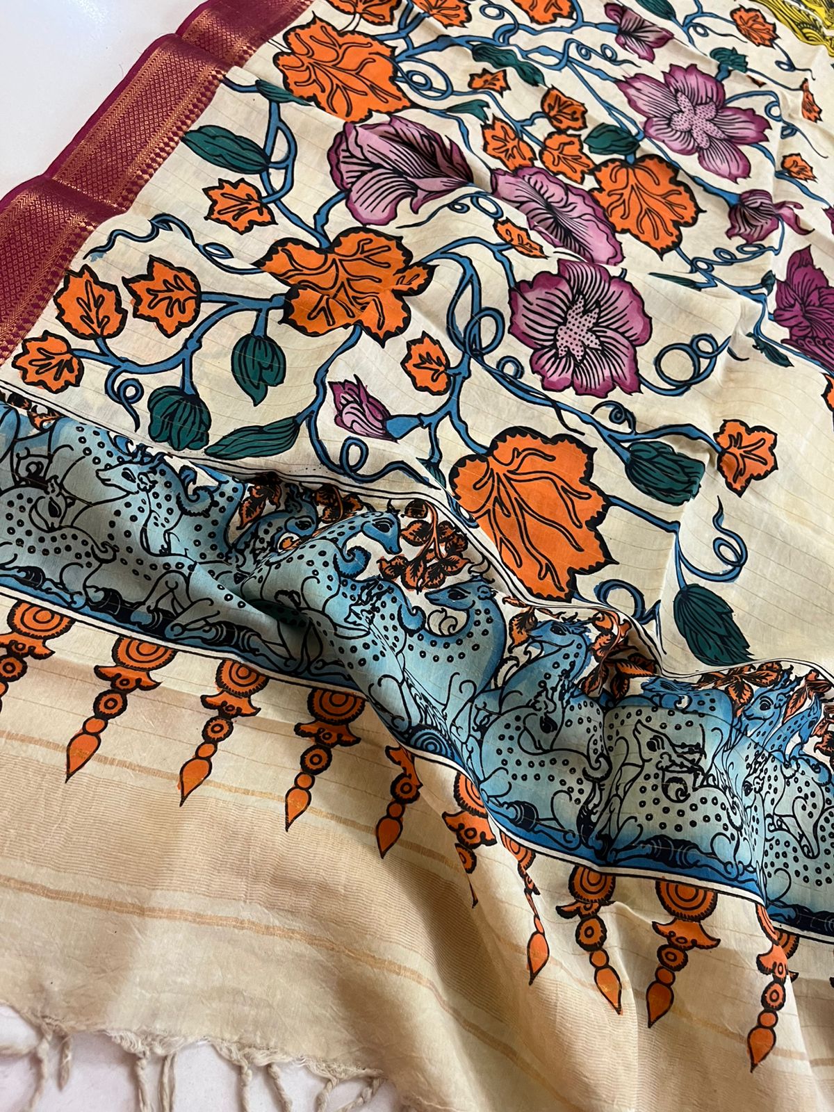Bangalore Silk Kalamkari Handpainted Dupatta- Multicolor