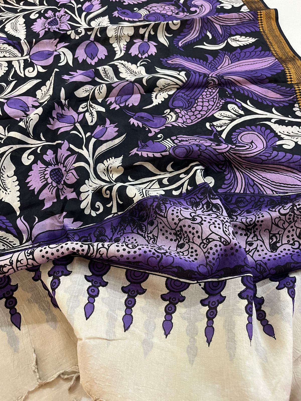 Bangalore Silk Kalamkari Handpainted Dupatta- Multicolor