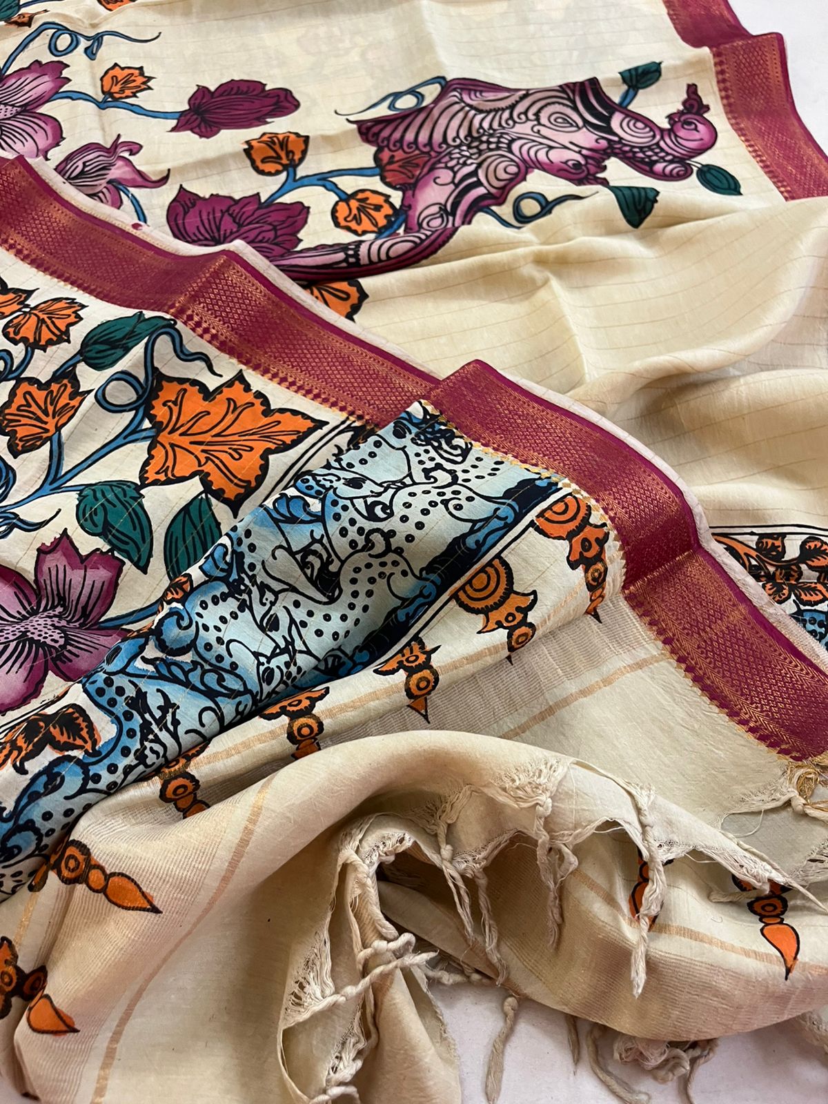 Bangalore Silk Kalamkari Handpainted Dupatta- Multicolor