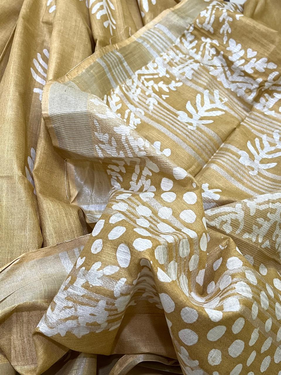 Pure Cotton Wax Batik Saree with zari border - Fawn