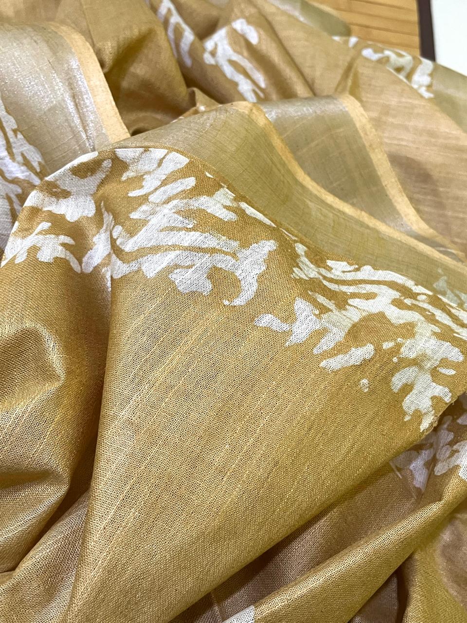 Pure Cotton Wax Batik Saree with zari border - Fawn