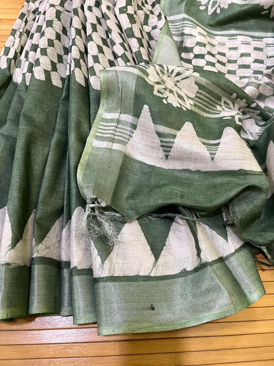 Pure Cotton Wax Batik Saree with zari border - Green