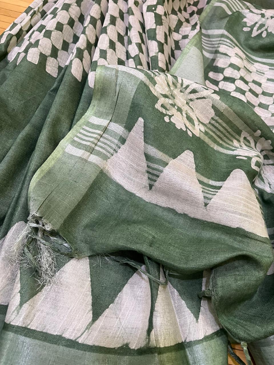 Pure Cotton Wax Batik Saree with zari border - Green
