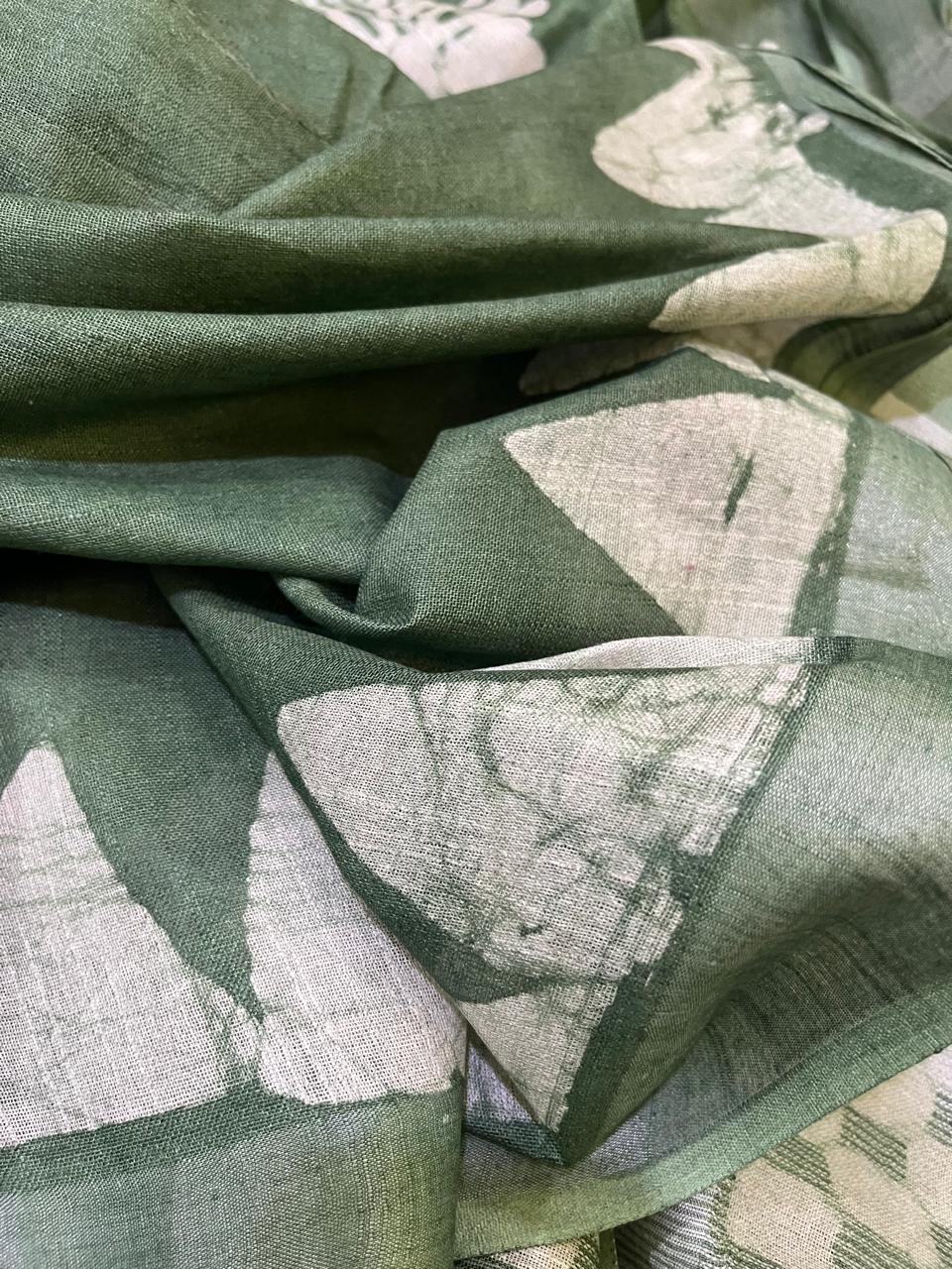 Pure Cotton Wax Batik Saree with zari border - Green