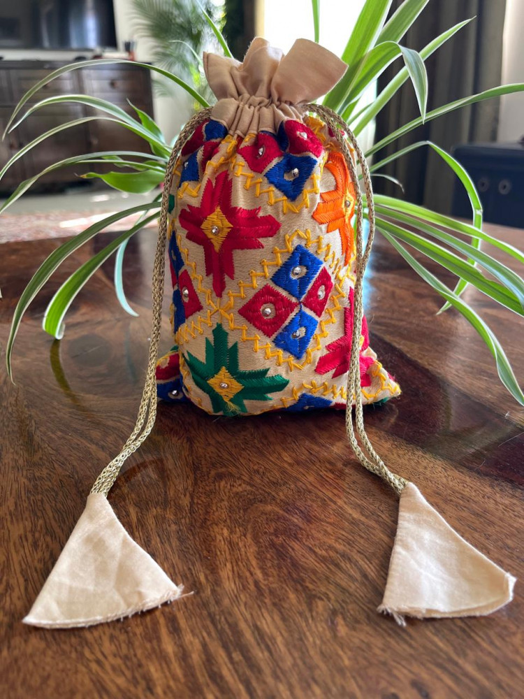 Image of Beautiful hand embroidered cotton Phulkari Potli