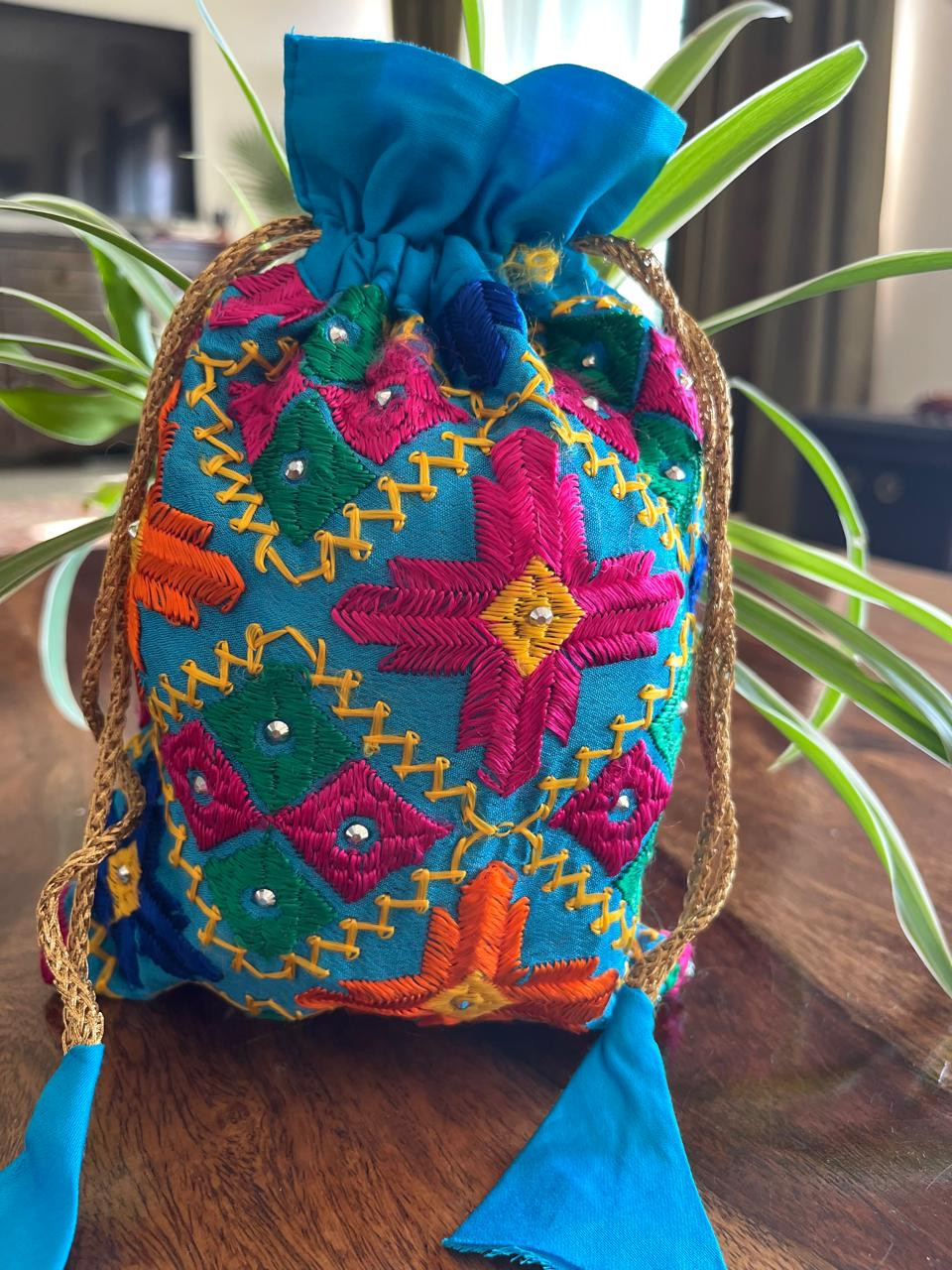 Beautiful hand embroidered cotton Phulkari Potli