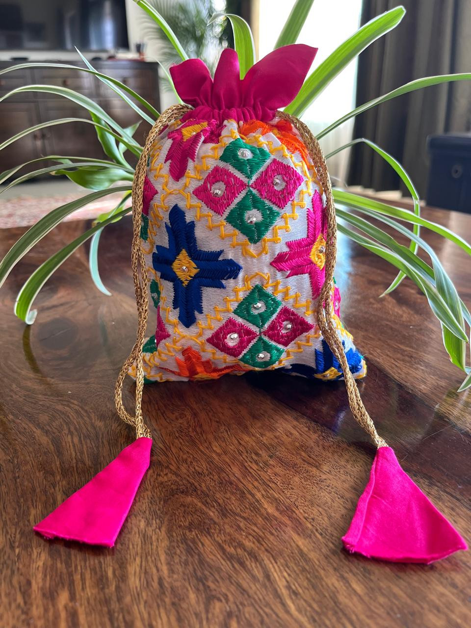 Beautiful hand embroidered cotton Phulkari Potli