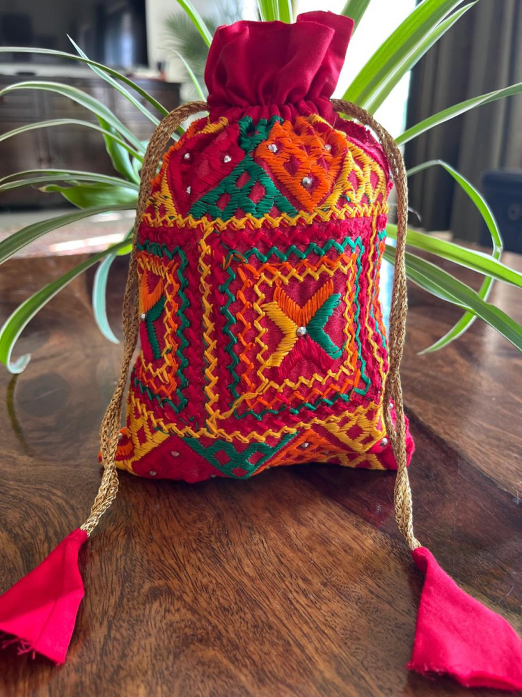 Image of Beautiful hand embroidered cotton Phulkari Potli